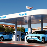 **

A futuristic hydrogen refueling station ("hidrogenera") in a bustling Spanish city. Sleek, modern hydrogen cars are filling up quickly and cleanly. Solar panels are visible on the station's roof. In the background, the city skyline is clear and smog-free, showcasing the benefits of hydrogen power. Include Spanish signage and branding to emphasize the local context. The overall tone is optimistic and technologically advanced.

**