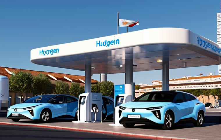 **
A futuristic hydrogen refueling station ("hidrogenera") in a bustling Spanish city. Sleek, modern hydrogen cars are filling up quickly and cleanly. Solar panels are visible on the station's roof. In the background, the city skyline is clear and smog-free, showcasing the benefits of hydrogen power. Include Spanish signage and branding to emphasize the local context. The overall tone is optimistic and technologically advanced.
**