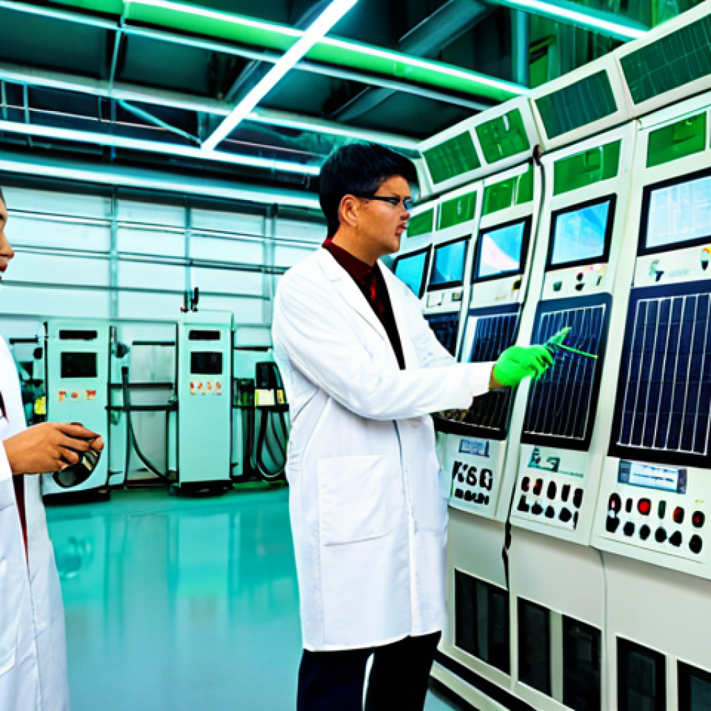 A diverse group of professional engineers and scientists, fully clothed in modest, clean-room style work attire and lab coats, collaborating and observing advanced electrolysis equipment within a high-tech green hydrogen production facility. The setting features large, gleaming electrolyzer units with intricate piping, glowing soft green lights indicating energy flow, and modern digital control panels. In the background, through large windows, expansive fields of solar panels and towering wind turbines are visible under a clear, bright sky, symbolizing the renewable energy source. The scene conveys innovation and clean energy production. Perfect anatomy, correct proportions, natural pose, well-formed hands, proper finger count, natural body proportions, professional photography, high quality, safe for work, appropriate content, fully clothed, professional dress.