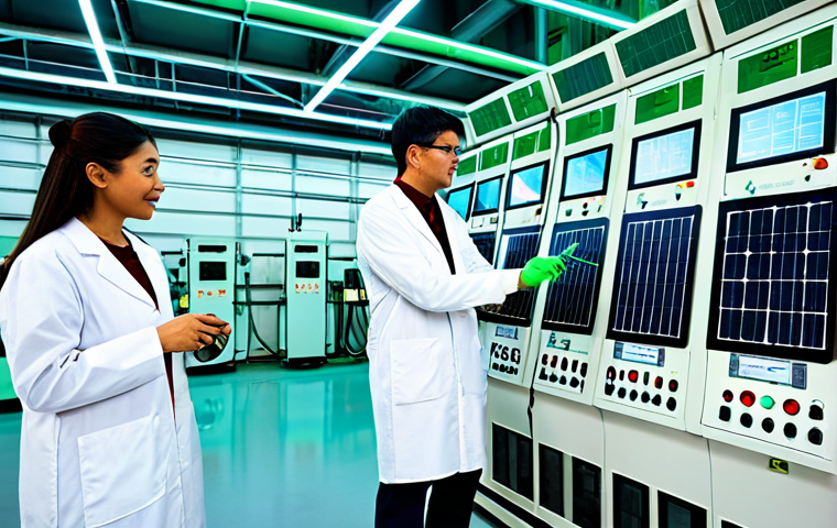 A diverse group of professional engineers and scientists, fully clothed in modest, clean-room style work attire and lab coats, collaborating and observing advanced electrolysis equipment within a high-tech green hydrogen production facility. The setting features large, gleaming electrolyzer units with intricate piping, glowing soft green lights indicating energy flow, and modern digital control panels. In the background, through large windows, expansive fields of solar panels and towering wind turbines are visible under a clear, bright sky, symbolizing the renewable energy source. The scene conveys innovation and clean energy production. Perfect anatomy, correct proportions, natural pose, well-formed hands, proper finger count, natural body proportions, professional photography, high quality, safe for work, appropriate content, fully clothed, professional dress.