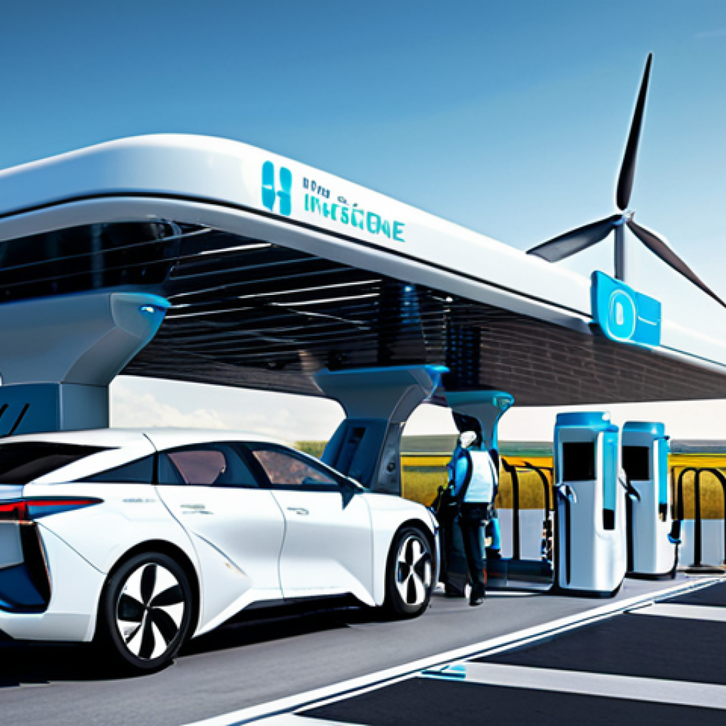 Hydrogen Refueling Station of the Future**

A futuristic hydrogen refueling station, sleek and modern design, with a car filling up with hydrogen. Station has safety signage and displays showing renewable energy sources. Background includes solar panels and wind turbines. Fully clothed people are operating the station. Safe for work, appropriate content, professional, fully clothed, perfect anatomy, natural proportions, high quality.

**