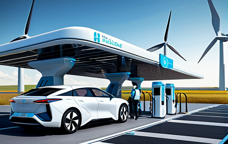 Hydrogen Refueling Station of the Future**

A futuristic hydrogen refueling station, sleek and modern design, with a car filling up with hydrogen. Station has safety signage and displays showing renewable energy sources. Background includes solar panels and wind turbines. Fully clothed people are operating the station. Safe for work, appropriate content, professional, fully clothed, perfect anatomy, natural proportions, high quality.

**