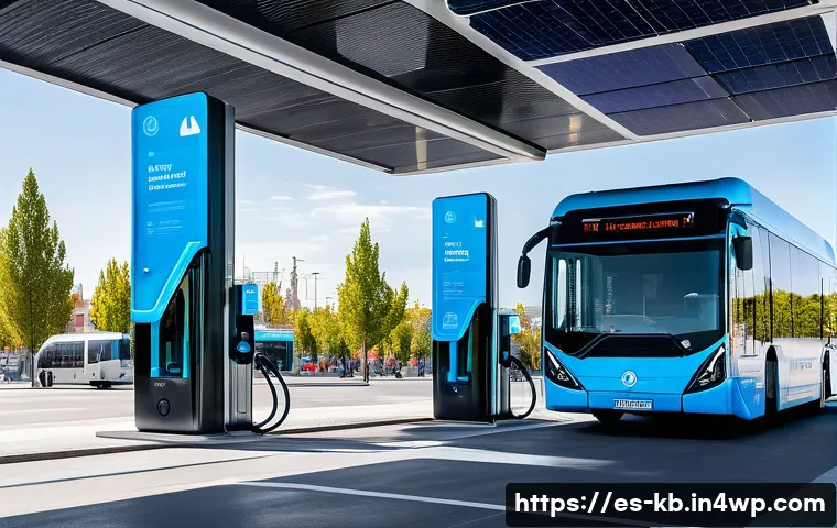 수소연료전지 기술의 차세대 응용 - A futuristic urban hydrogen refueling station in Madrid, Spain, bustling with activity; modern buses...