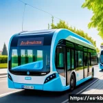 Home 19 수소연료전지 기반의 이동 수단 사례 - A futuristic European city street scene showcasing hydrogen-powered public buses and passenger cars ...