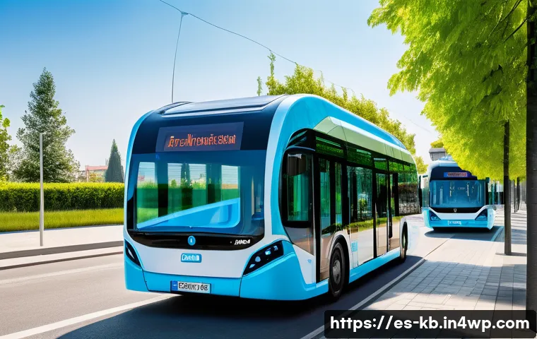수소연료전지 기반의 이동 수단 사례 - A futuristic European city street scene showcasing hydrogen-powered public buses and passenger cars ...