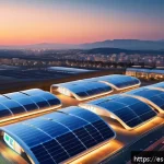 Home 18 수소연료전지와 열병합 발전 기술의 통합 - A futuristic urban cityscape in Spain at dusk, featuring advanced hydrogen fuel cell power plants in...