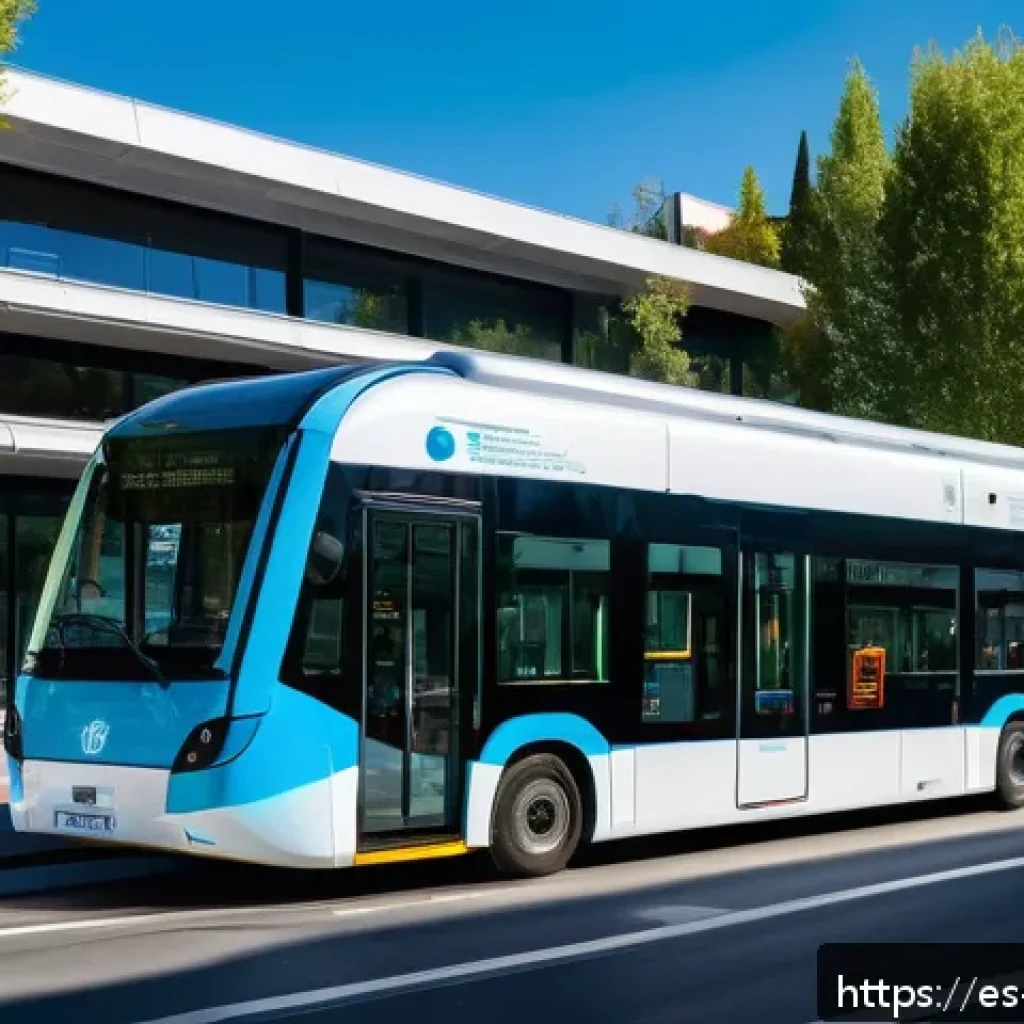 수소연료전지 기술을 활용한 스마트 시티 구축 - A futuristic urban scene in Madrid featuring hydrogen fuel cell public transportation: sleek, modern...