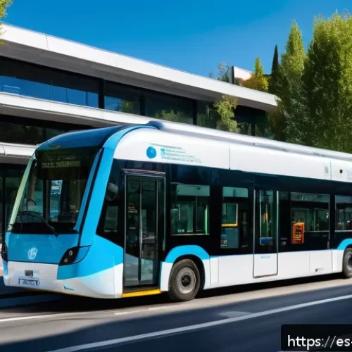 Home 17 수소연료전지 기술을 활용한 스마트 시티 구축 - A futuristic urban scene in Madrid featuring hydrogen fuel cell public transportation: sleek, modern...