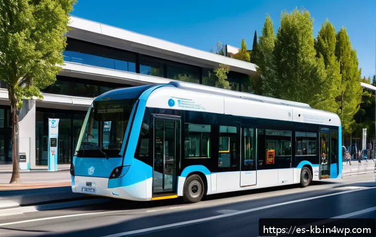 수소연료전지 기술을 활용한 스마트 시티 구축 - A futuristic urban scene in Madrid featuring hydrogen fuel cell public transportation: sleek, modern...